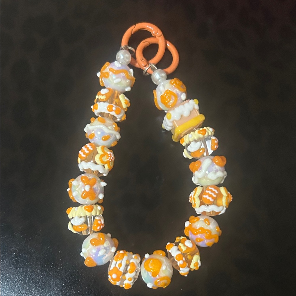 Orange & White Beaded phone chain  - Decorative Beads